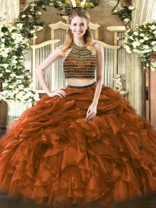 Brown Halter Top Zipper Beading and Ruffles Quinceanera Gown Sleeveless