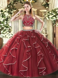 Latest Burgundy Two Pieces Tulle High-neck Sleeveless Beading and Ruffles Floor Length Zipper Quinceanera Dress