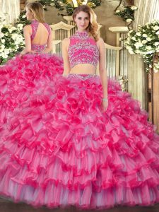 Beading and Ruffled Layers 15 Quinceanera Dress Coral Red Backless Sleeveless Floor Length