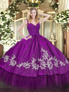 Latest Sleeveless Floor Length Beading and Appliques Zipper Quinceanera Gowns with Fuchsia