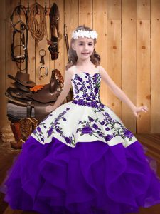 White And Purple Organza Lace Up Straps Sleeveless Floor Length High School Pageant Dress Embroidery and Ruffles