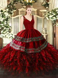 Beauteous Wine Red V-neck Zipper Beading and Appliques and Ruffles Quinceanera Gowns Sleeveless