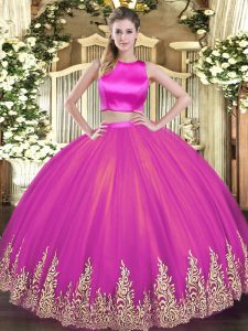 Simple Fuchsia 15 Quinceanera Dress Military Ball and Sweet 16 and Quinceanera with Appliques High-neck Sleeveless Criss Cross