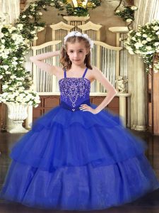 Floor Length Royal Blue Little Girls Pageant Dress Wholesale Organza Sleeveless Beading and Ruffled Layers