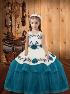 Ball Gowns Pageant Gowns For Girls Teal Straps Organza Sleeveless Floor Length Lace Up