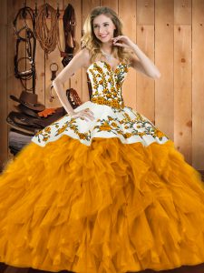 Beauteous Embroidery and Ruffles Ball Gown Prom Dress Gold Lace Up Sleeveless Floor Length