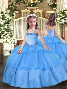 Floor Length Baby Blue Girls Pageant Dresses Organza Sleeveless Appliques