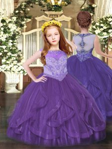 Beading and Ruffles Pageant Dress for Girls Purple Zipper Sleeveless Floor Length