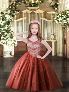 Wine Red Lace Up Scoop Beading Pageant Dress for Teens Tulle Sleeveless