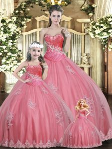 Glamorous Watermelon Red Sleeveless Beading Floor Length Quince Ball Gowns