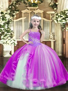 Sleeveless Floor Length Beading Lace Up Glitz Pageant Dress with Fuchsia