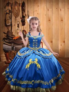 Cute Straps Sleeveless Pageant Dress Womens Floor Length Beading and Embroidery Blue Satin