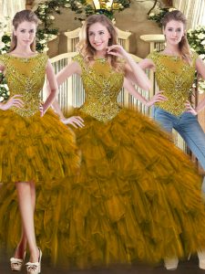 Brown Ball Gowns Scoop Sleeveless Tulle Floor Length Zipper Beading and Ruffles Sweet 16 Dress
