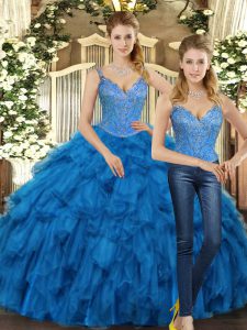 Artistic Teal Straps Lace Up Beading and Ruffles Quinceanera Dresses Sleeveless