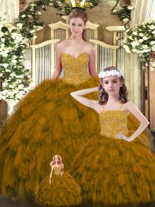 Brown Sweetheart Neckline Beading and Ruffles Vestidos de Quinceanera Sleeveless Lace Up