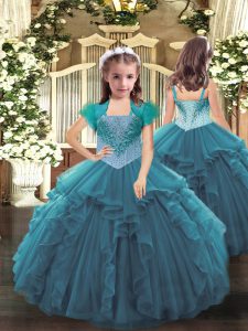 Straps Sleeveless Little Girl Pageant Dress Floor Length Beading and Ruffles Teal Organza
