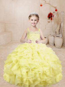 On Sale Organza Straps Sleeveless Lace Up Beading and Ruffles Girls Pageant Dresses in Light Yellow