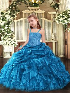 Floor Length Lace Up Pageant Dress Wholesale Blue for Party and Sweet 16 and Quinceanera and Wedding Party with Beading and Ruffles