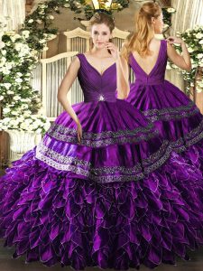 V-neck Sleeveless Backless Quinceanera Dress Eggplant Purple Organza