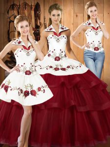 Wine Red Three Pieces Halter Top Sleeveless Satin and Organza With Train Sweep Train Lace Up Embroidery and Ruffled Layers 15th Birthday Dress
