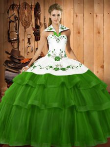 Elegant Halter Top Sleeveless Organza Vestidos de Quinceanera Embroidery and Ruffled Layers Sweep Train Lace Up