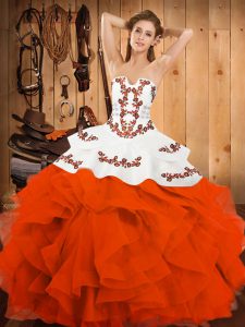 Beauteous Orange Red Sleeveless Embroidery and Ruffles Floor Length Quinceanera Gown