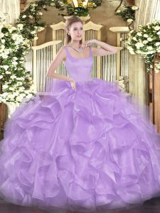 Sweet Beading and Ruffles 15th Birthday Dress Lavender Zipper Sleeveless Floor Length