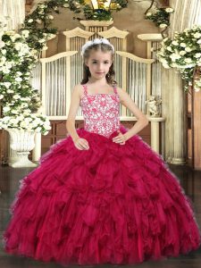 Excellent Straps Sleeveless Pageant Dresses Floor Length Beading and Ruffled Layers Red Organza