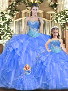 Fabulous Sleeveless Floor Length Beading and Ruffles Lace Up Quince Ball Gowns with Baby Blue