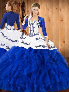 Eye-catching Sleeveless Satin and Organza Floor Length Lace Up Quinceanera Dress in Blue And White with Embroidery and Ruffles
