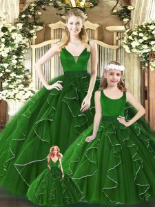 Sleeveless Organza Floor Length Zipper 15 Quinceanera Dress in Green with Beading and Ruffles