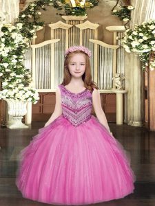 Rose Pink Ball Gowns Tulle Scoop Sleeveless Beading and Ruffles Floor Length Lace Up Pageant Gowns For Girls