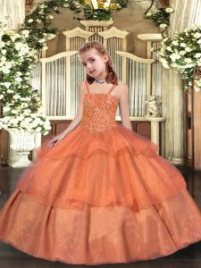 Organza Straps Sleeveless Lace Up Beading and Ruffled Layers Pageant Dress Womens in Orange