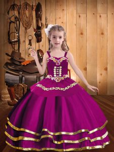 Sleeveless Tulle Floor Length Lace Up Pageant Dress for Teens in Fuchsia with Embroidery and Ruffled Layers