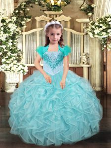Affordable Straps Sleeveless Custom Made Pageant Dress Floor Length Beading and Ruffles Aqua Blue and Apple Green Organza
