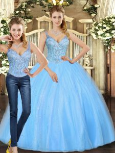 Baby Blue Two Pieces Beading Quinceanera Gowns Lace Up Tulle Sleeveless Floor Length