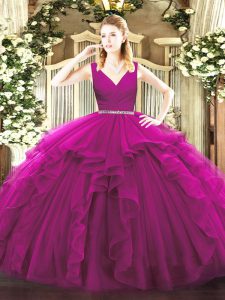 Tulle Sleeveless Floor Length Sweet 16 Quinceanera Dress and Beading and Ruffles