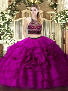 Fuchsia Two Pieces Beading and Ruffled Layers Quinceanera Dresses Zipper Tulle Sleeveless Floor Length