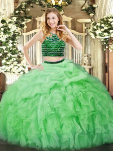 Beading and Ruffles Quinceanera Dress Apple Green Zipper Sleeveless Floor Length