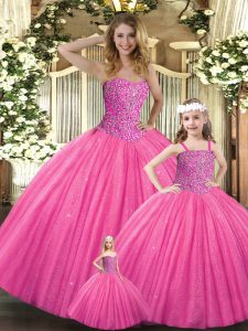 Shining Hot Pink Sleeveless Beading Floor Length Ball Gown Prom Dress