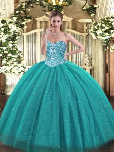 Sleeveless Floor Length Beading Lace Up Sweet 16 Dress with Turquoise