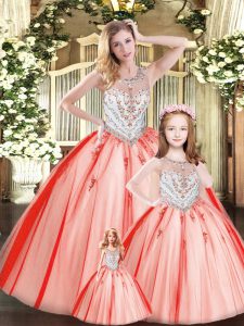 New Arrival Red Sleeveless Tulle Lace Up Quinceanera Dress for Military Ball and Sweet 16