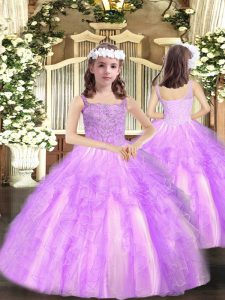 Lilac Organza Lace Up Pageant Dress Toddler Sleeveless Floor Length Beading and Ruffles