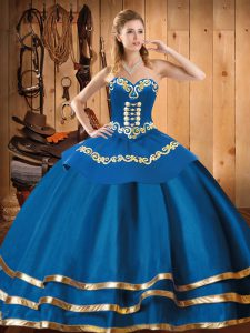 Blue Ball Gown Prom Dress Military Ball and Sweet 16 and Quinceanera with Embroidery Sweetheart Sleeveless Lace Up