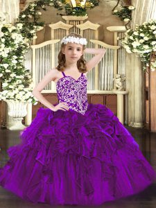 Purple Ball Gowns Beading and Ruffles Little Girls Pageant Gowns Lace Up Organza Sleeveless Floor Length