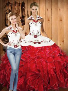 Vintage Floor Length Lace Up 15 Quinceanera Dress White And Red for Military Ball and Sweet 16 and Quinceanera with Embroidery and Ruffles