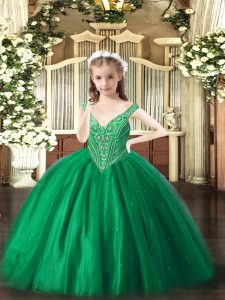 Attractive Green Ball Gowns Beading Pageant Dress for Womens Lace Up Tulle Sleeveless Floor Length