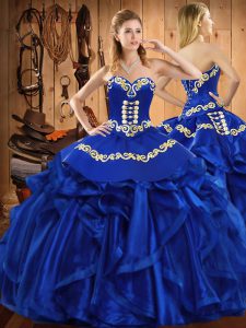 Wonderful Royal Blue Ball Gowns Embroidery and Ruffles Sweet 16 Dresses Lace Up Satin and Organza Sleeveless Floor Length