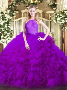 Elegant Eggplant Purple Ball Gowns Scoop Sleeveless Fabric With Rolling Flowers Floor Length Zipper Lace Quinceanera Gown