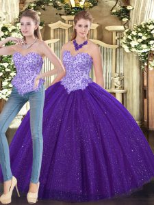 Pretty Purple Tulle Lace Up Sweetheart Sleeveless Floor Length Vestidos de Quinceanera Beading